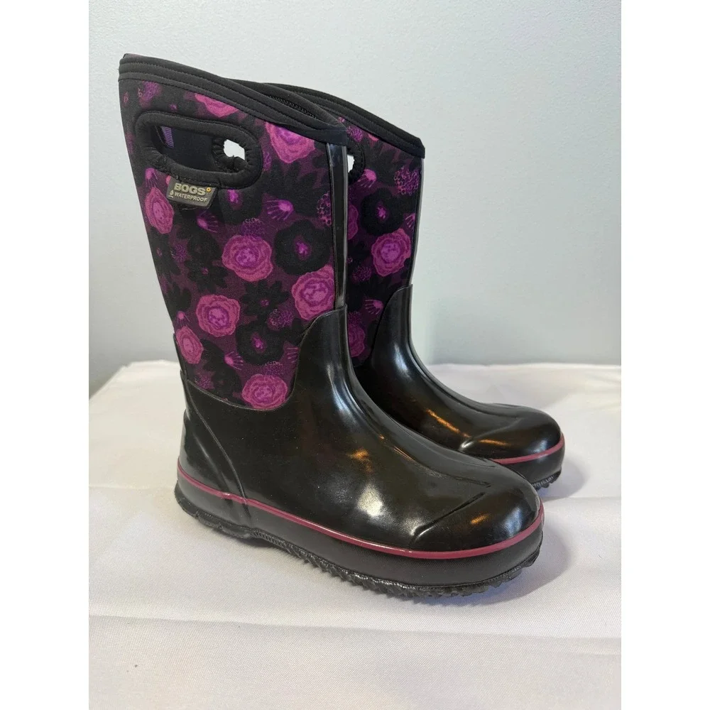 Bogs Girls Rubber Boots Size 4 Black Purple Classic Floral Watercolor Insulated